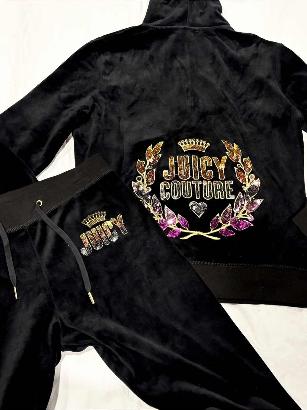 Juicy Couture Black Velour Rhinestone Crest Tracksuit Set Big Bling Y2K Emo Sz L